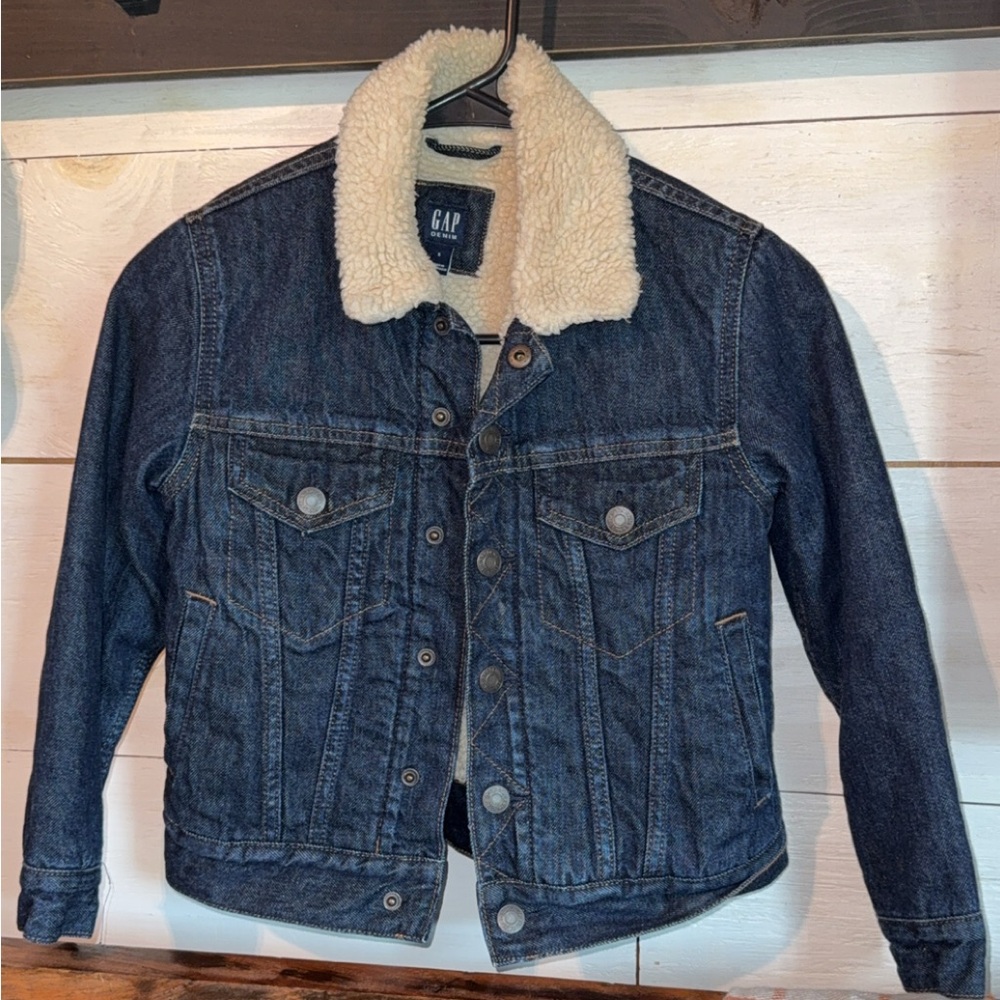 Kids GAP Blue Denim Jacket with Cream Sherpa Collar size small